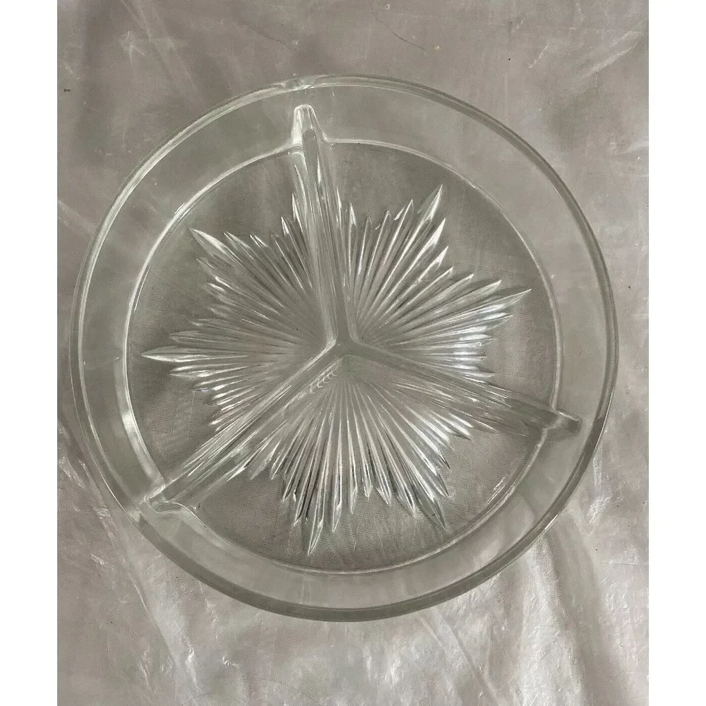 Vintage 3-Section Starburst Glass Relish Nut Dish Divided Candy‎ Tray Atomic MCM